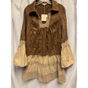 Ryu Women's Boho Prairie Mini Dress Tiered Cottagecore Lace Peasant M Crinkle